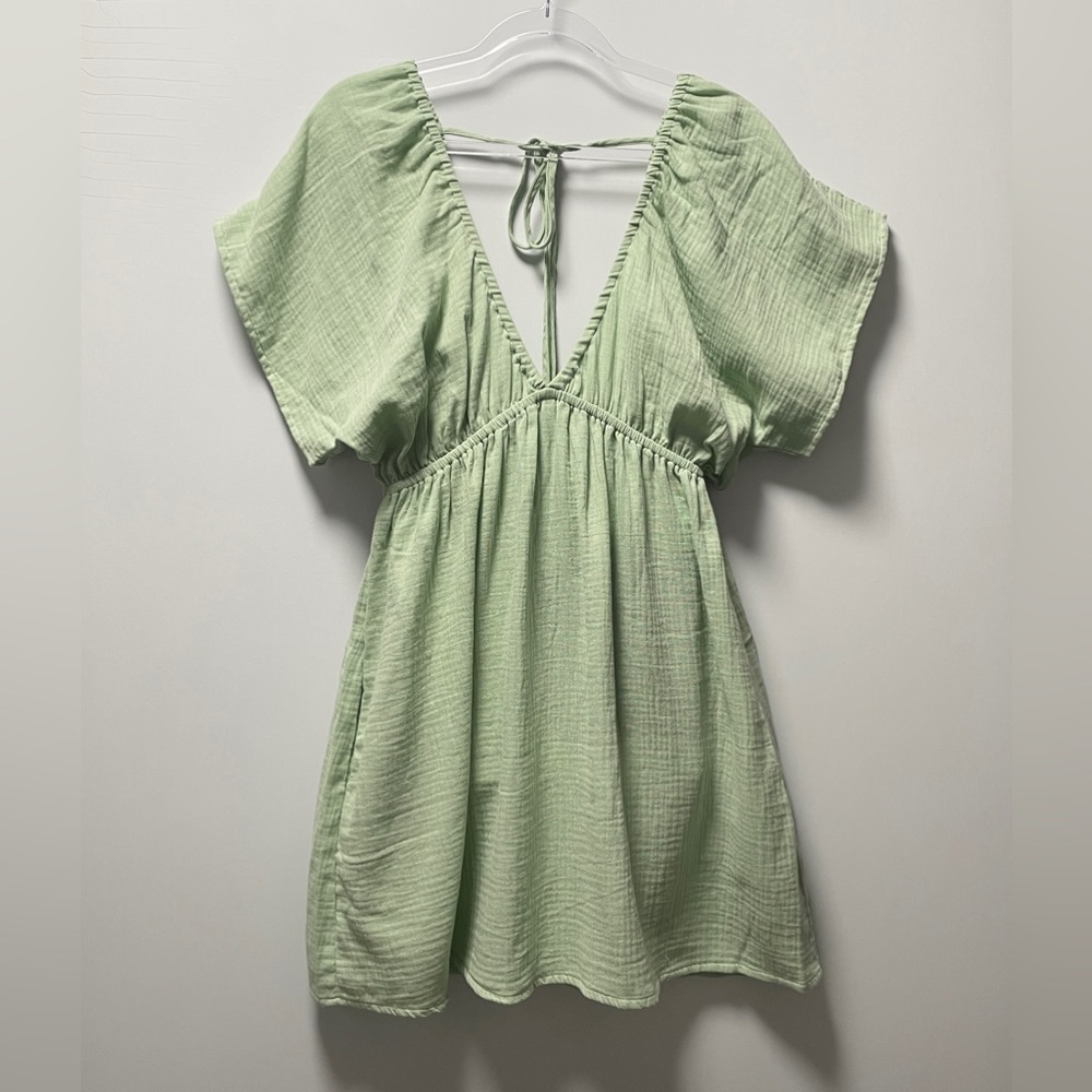 Ava Sky Plunge V Neck 100% Cotton Muslin Mint Green Mini Dress